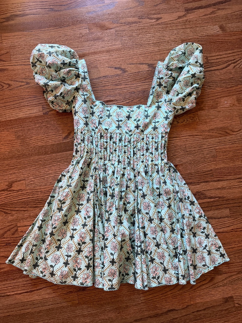Agua Bendita Mint Floral Puff Sleeve Mini Dress